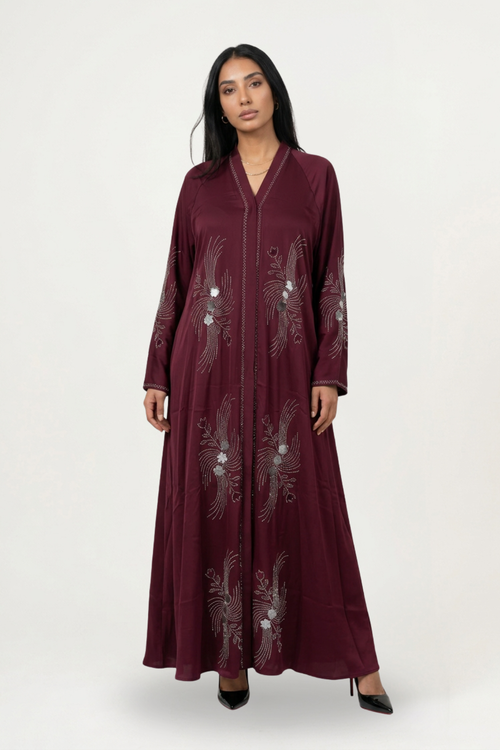Abaya bordeaux prune brodée Meydan, tombé fluide du Nidha