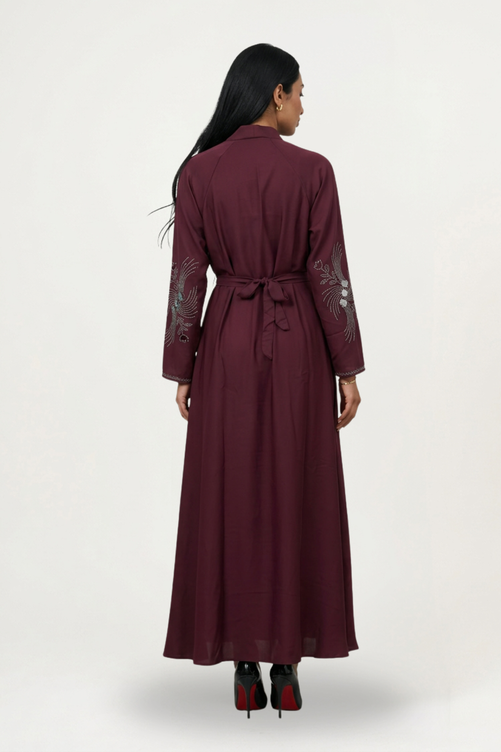 Abaya Dubaï bordeaux Meydan, coupe ample à manches longues