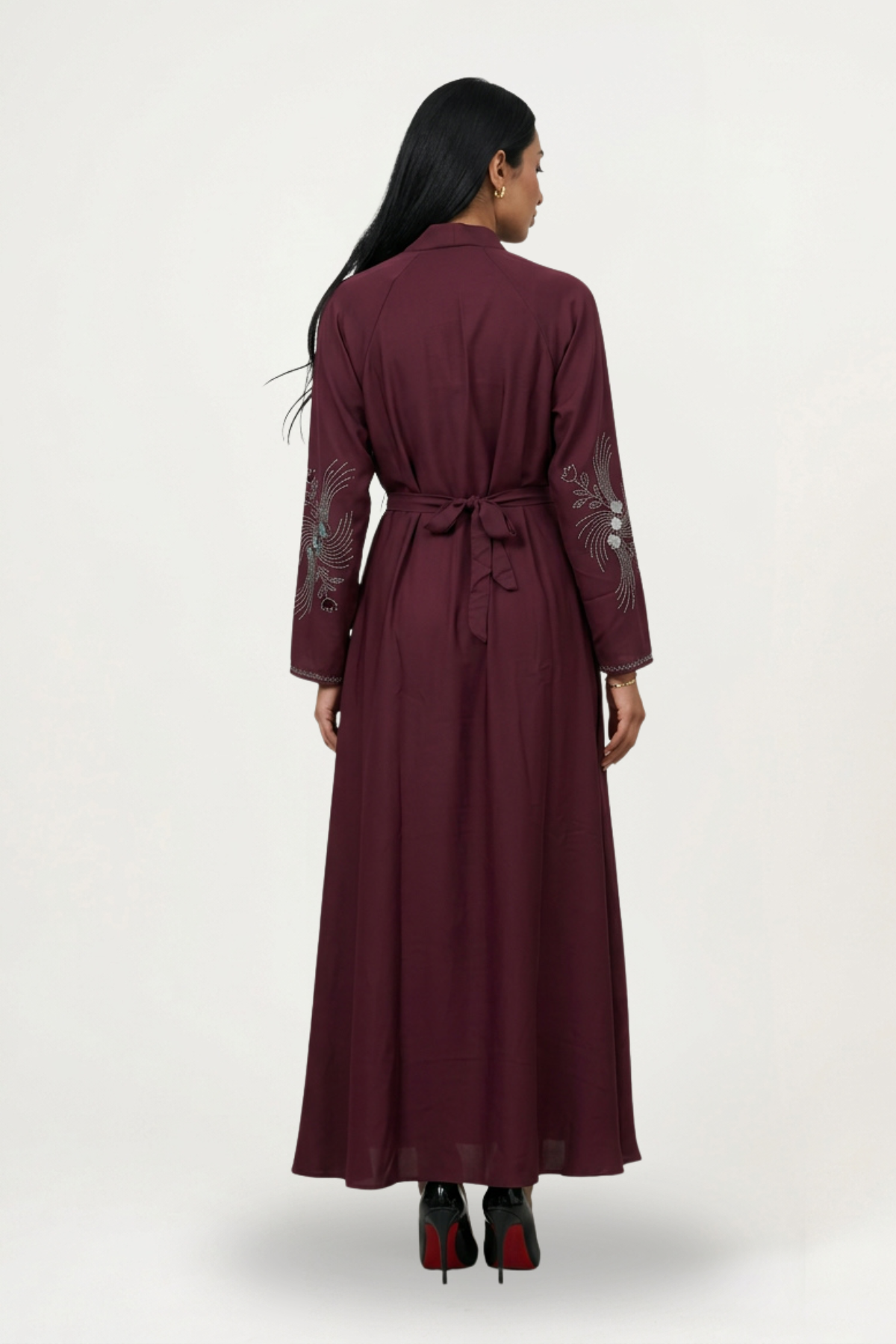 Abaya Dubaï bordeaux Meydan, coupe ample à manches longues